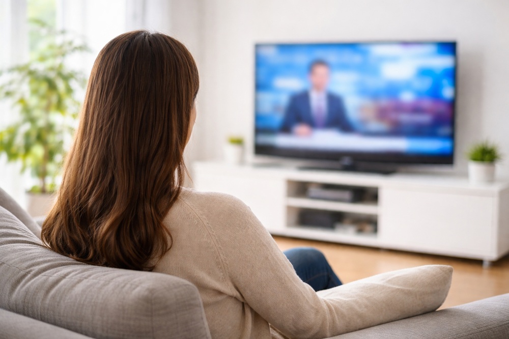 明るいリビングテレビを見る女性