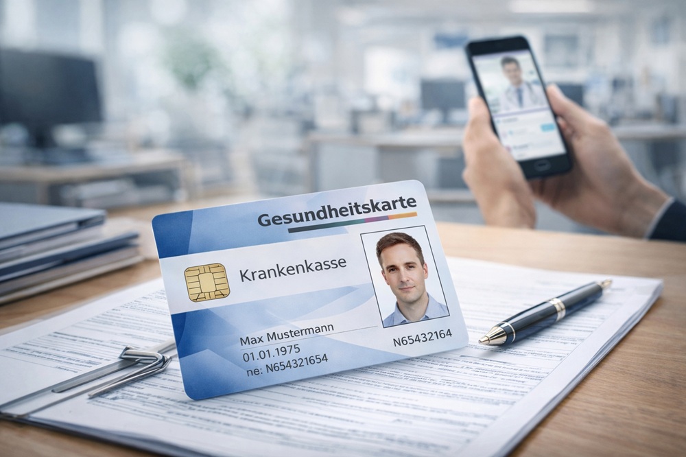 ドイツの公的健康保険証（Gesundheitskarte）と医療機関への受診をイメージしたAI生成画像