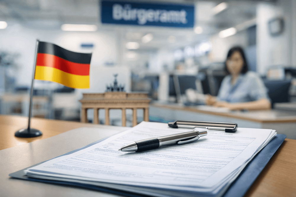 ドイツ住民登録書類とペンと国旗のある窓口風景