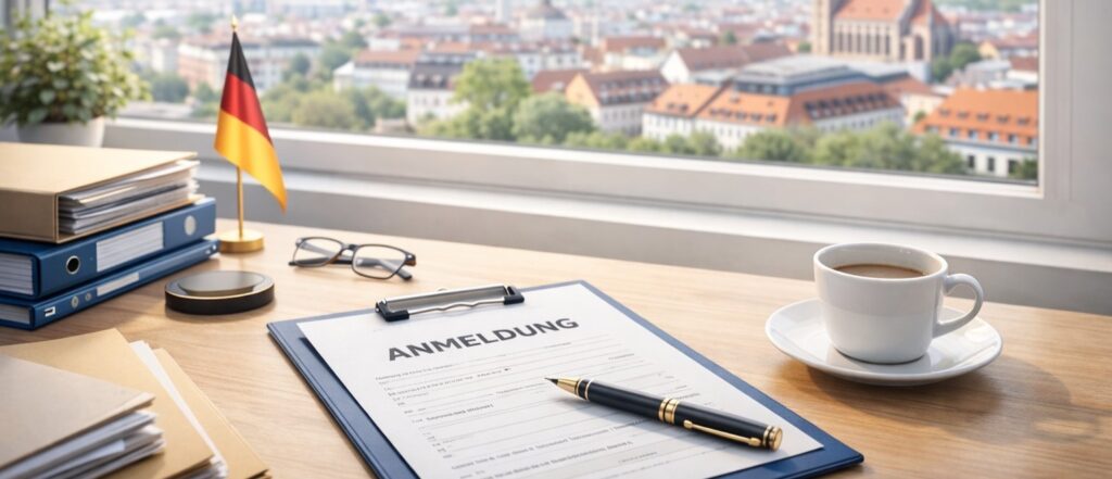 窓際のデスクにAnmeldung書類と万年筆、コーヒー