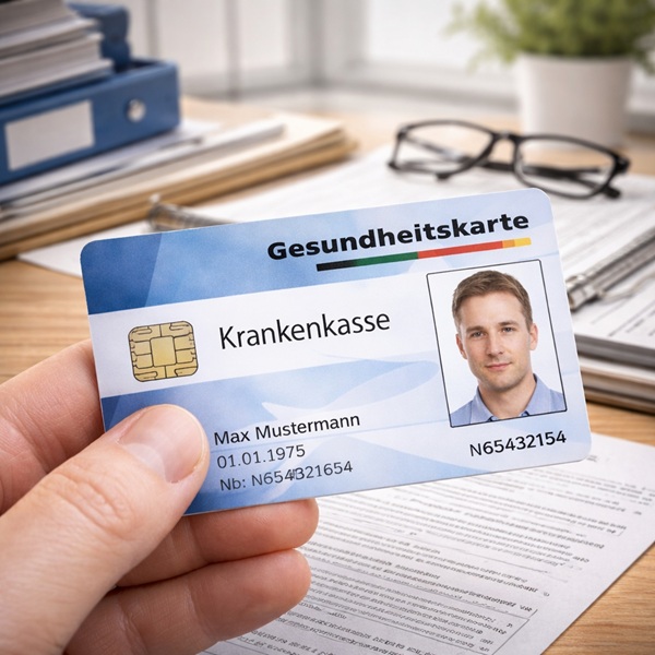 ドイツの健康保険証カードと書類のあるデスク
