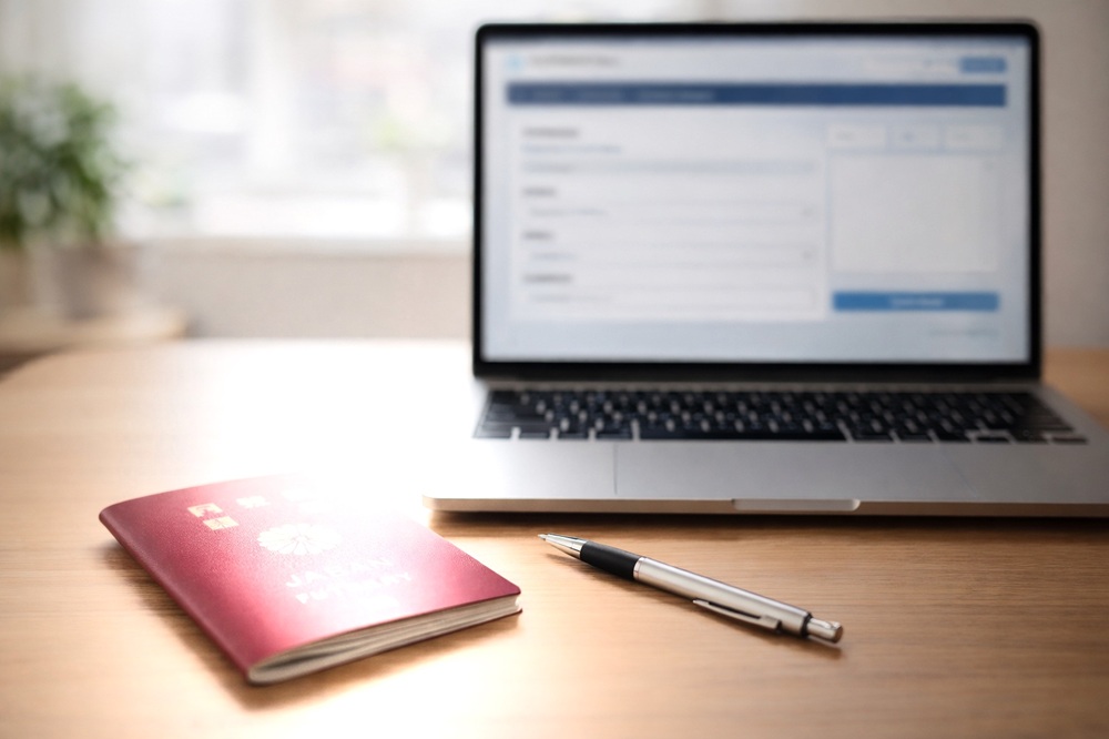 日本のパスポートとノートPCの画像