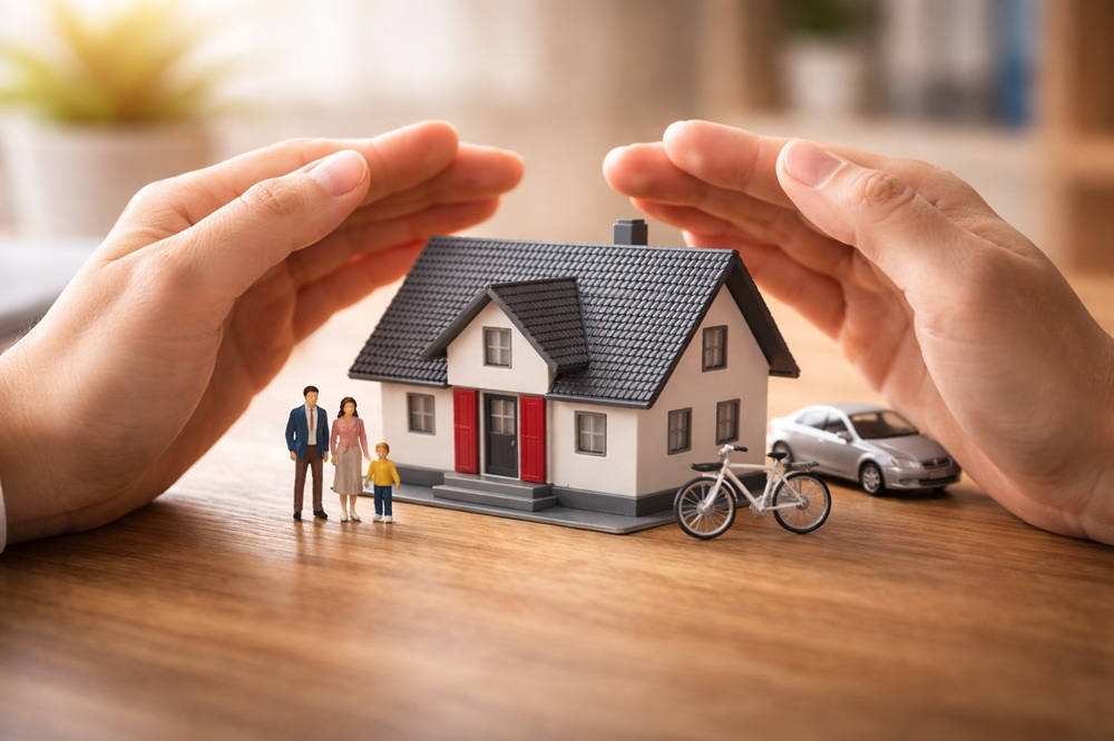 両手で家と家族の模型を包み込む保険のイメージ